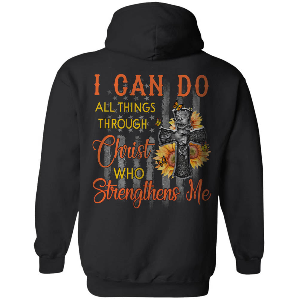 Amazing Cross, sunflower, US flag I can do all thing through Christ - Jesus Back-printed Apparel