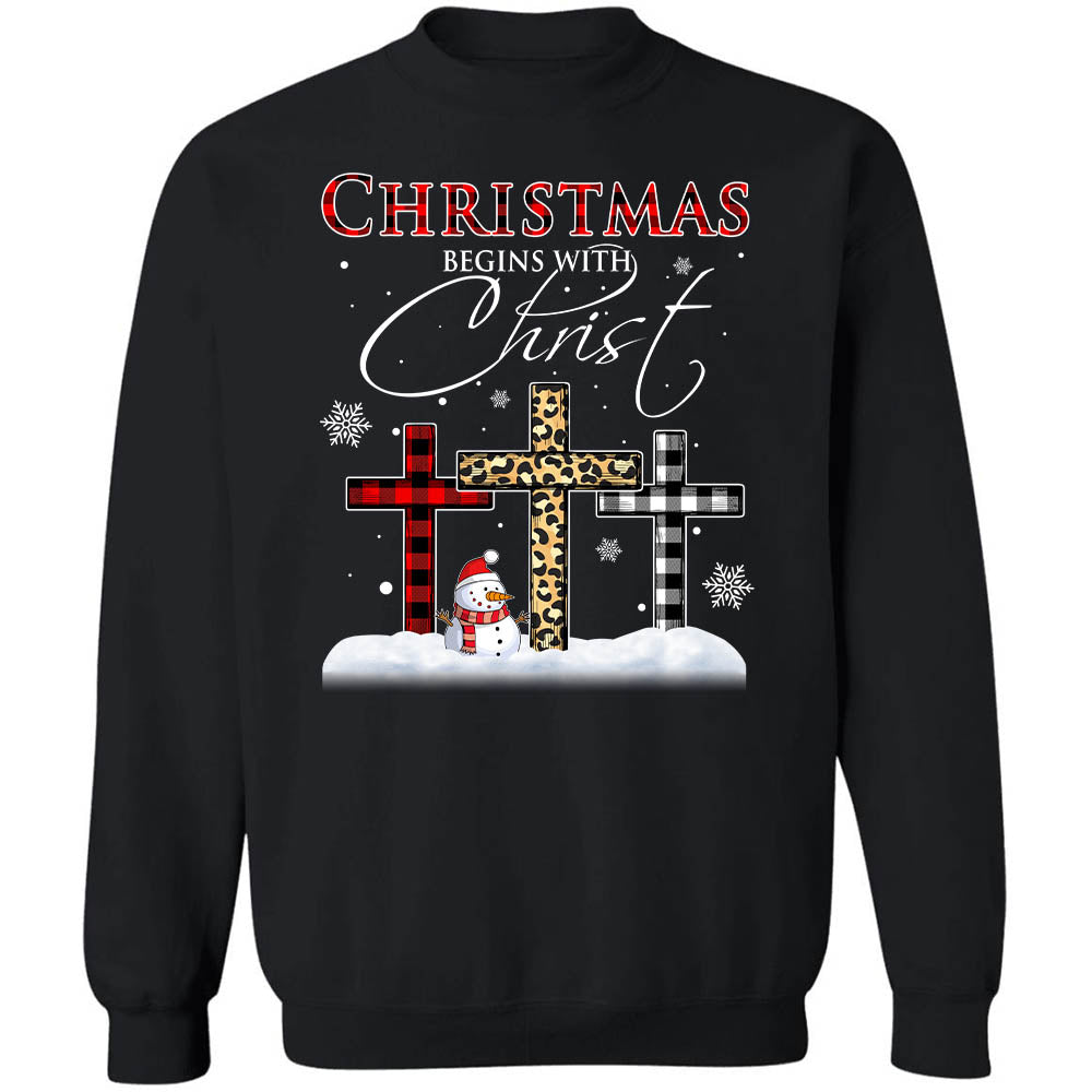 Cross, Snowman, Christmas begins with Christ - Jesus Apparel