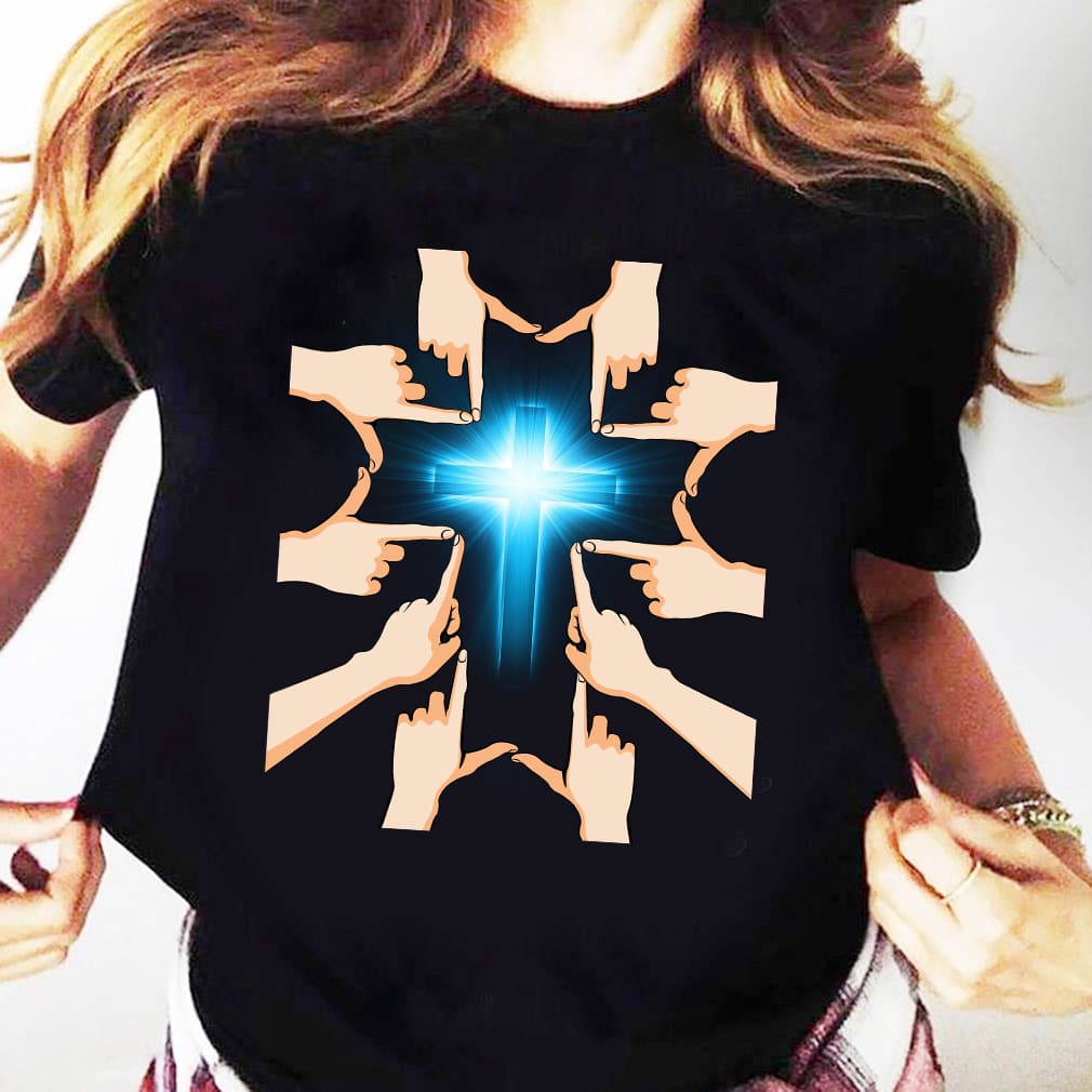 Hands forming a cross - Beautiful blue cross Jesus Apparel