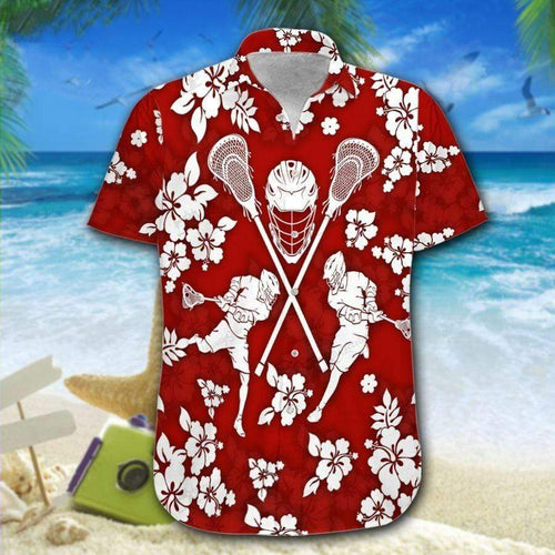 Hawaiian Aloha Shirt Lacrosse Red Hibiscus For Men Women
