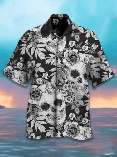 Hawaiian Aloha Shirt Skull Black White Flowers For Men Women
