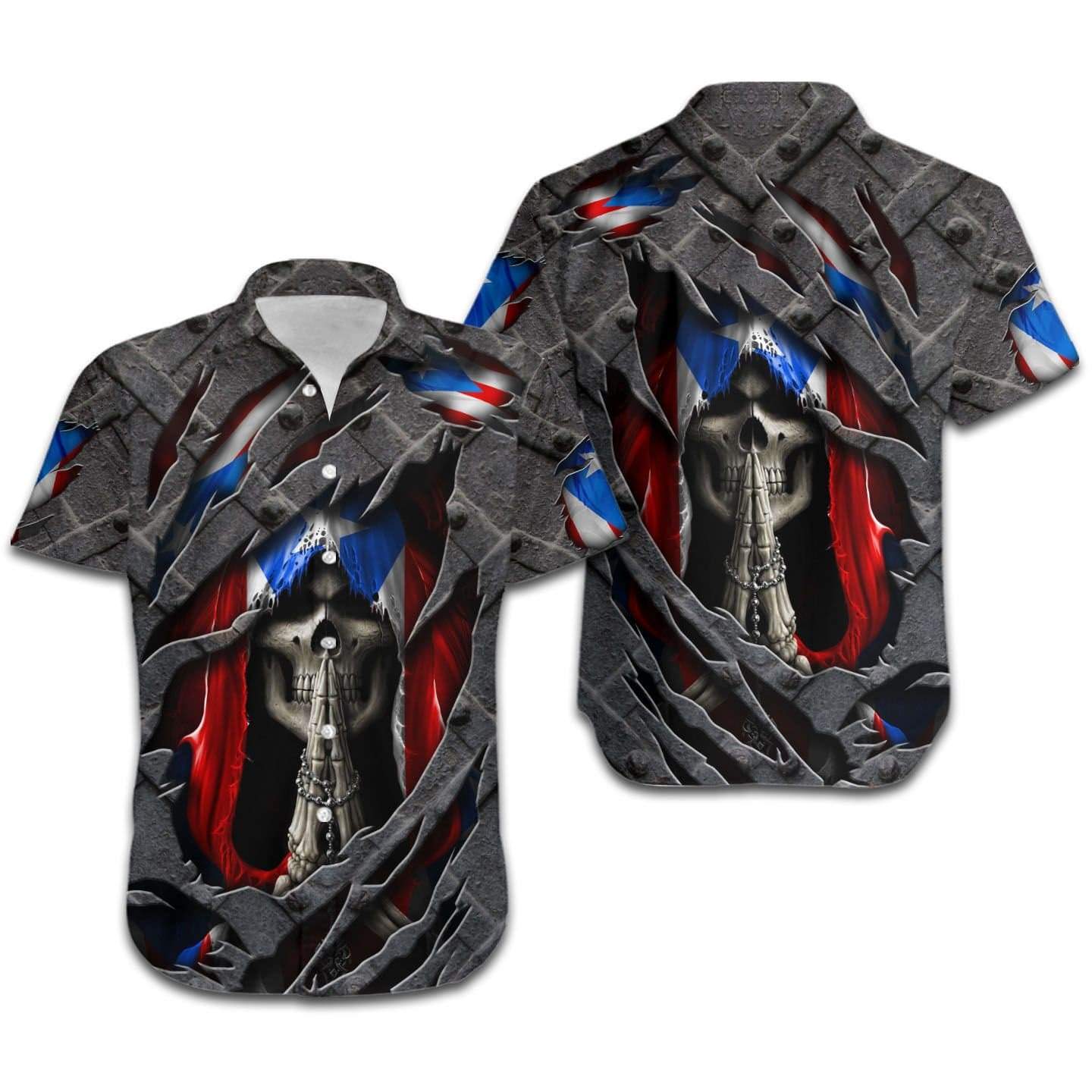 Hawaiian Aloha Shirt Skull Puerto Rico Flag Cracked Metal For Men Women