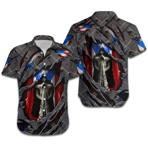 Hawaiian Aloha Shirt Skull Puerto Rico Flag Cracked Metal For Men Women
