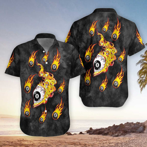 Hawaiian Aloha Shirt Skull With 8 Ball Pool Billiard For Men Women