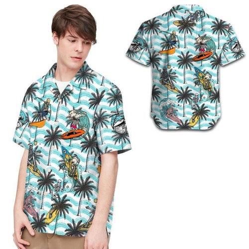 Hawaiian Aloha Shirt Surfing Skeleton Coconut Tree For Men Women