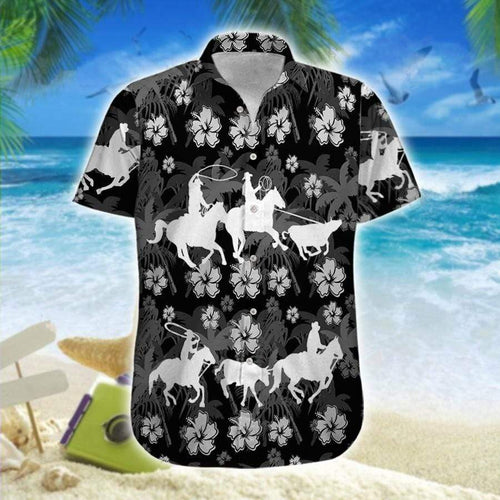 Hawaiian Aloha Shirt Team Roping Black White Hibiscus For Men Women
