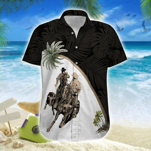 Hawaiian Aloha Shirt Team Roping Black White Palm Tree For Men Women