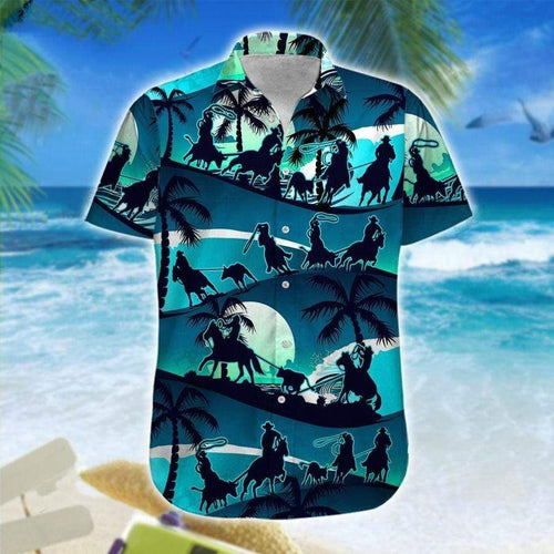 Hawaiian Aloha Shirt Team Roping Blue Palm For Men Women
