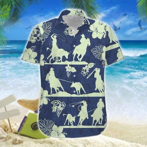 Hawaiian Aloha Shirt Team Roping Navy Hibiscus For Men Women