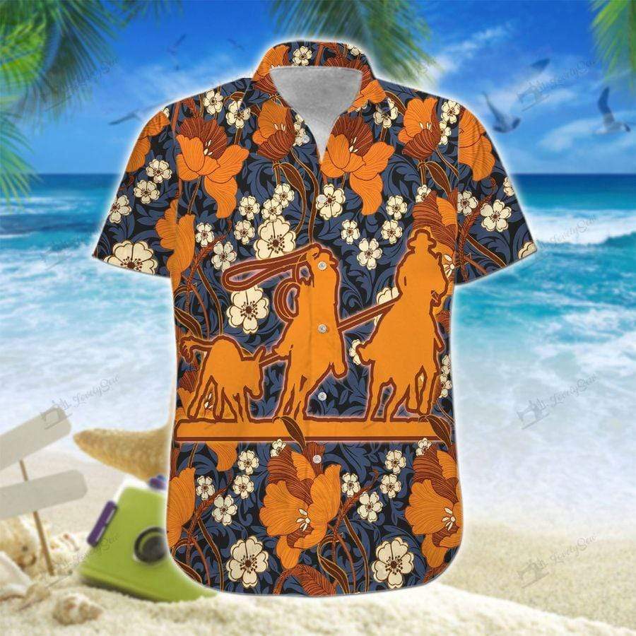 Hawaiian Aloha Shirt Team Roping Orange Flower For Men Women