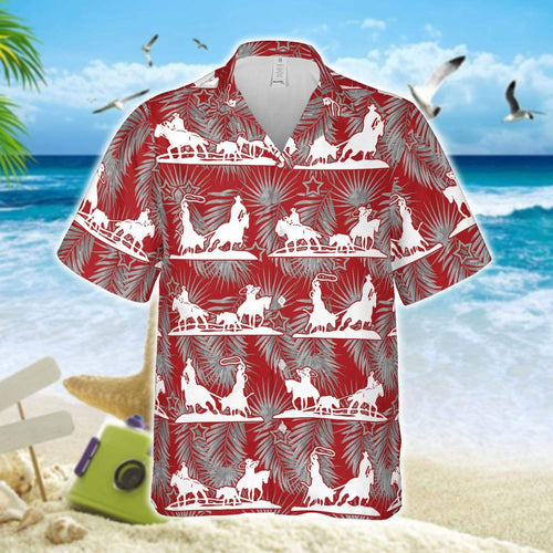 Hawaiian Aloha Shirt Team Roping Red Leaves For Men Women