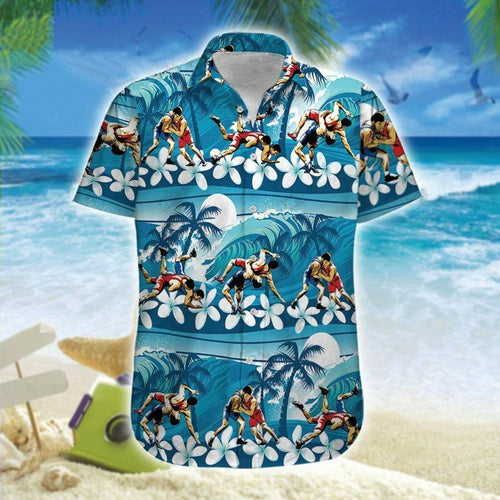 Hawaiian Aloha Shirt Wrestling Blue Waves For Men Women