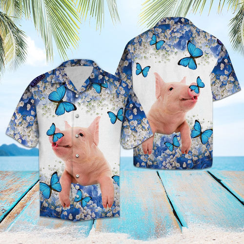 Hawaiian Shirt Pig Blue White Flower For Men Women