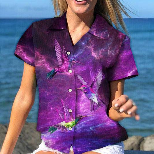 Hawaiian Shirt Women Men Hummingbird Purple