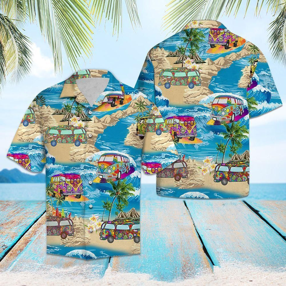 Hippie Bus Summer Vacation Blue Amazing Design Hawaiian Shirt For Men Women