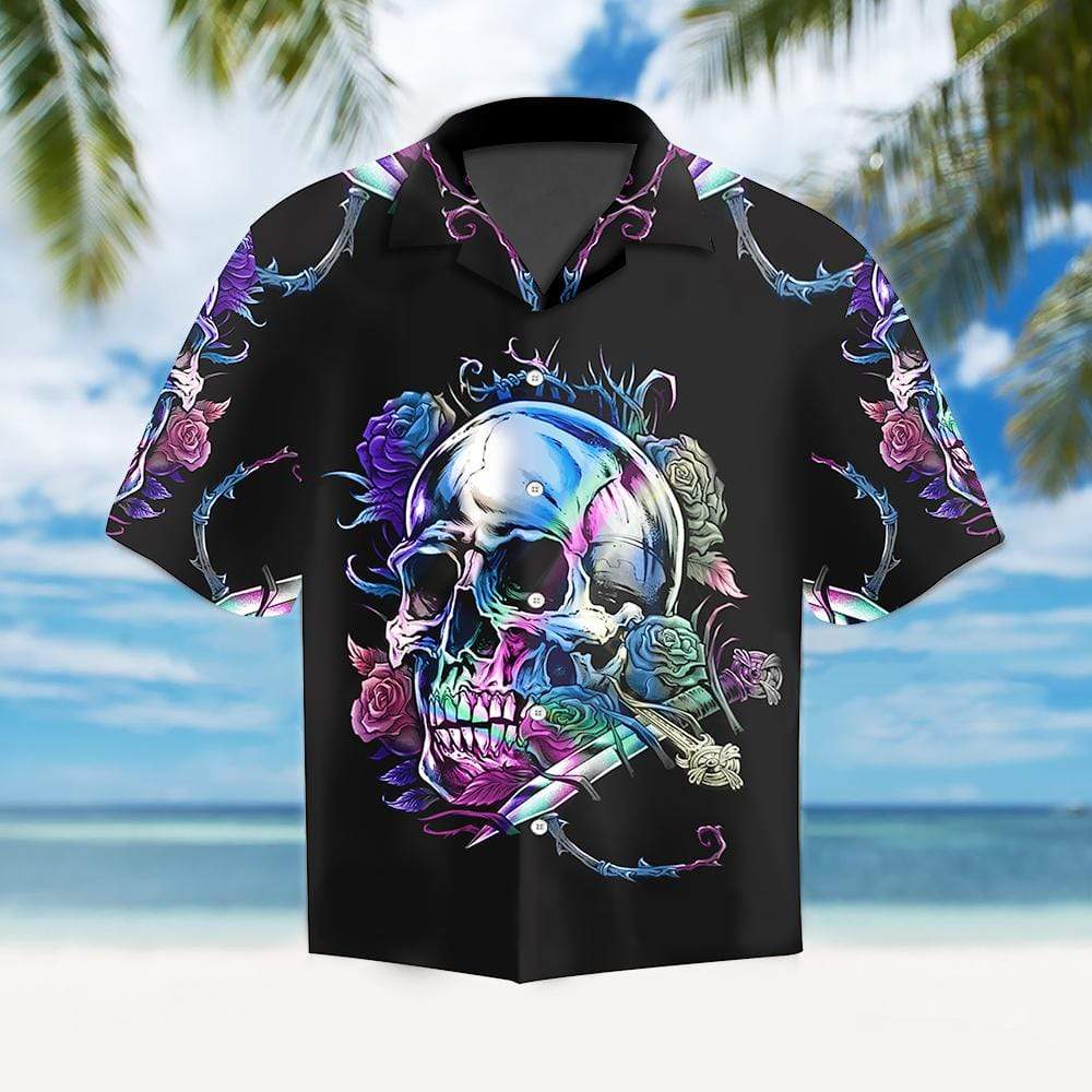 Holographic Skull Rose Thorn Gothic Hawaiian Aloha Shirt For Men Women