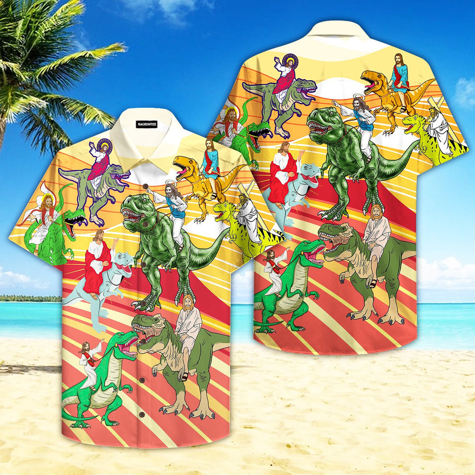 Jesus Riding A Dinosaur Hawaiian Shirt For Men Women
