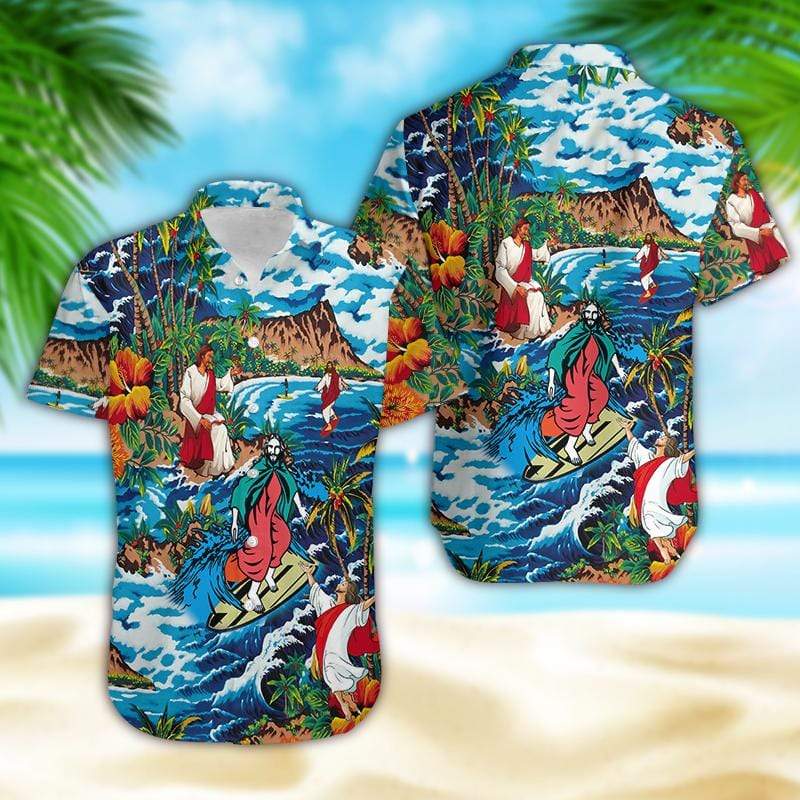 Jesus Surfing On Island Hawaiian Aloha Shirt For Men Women