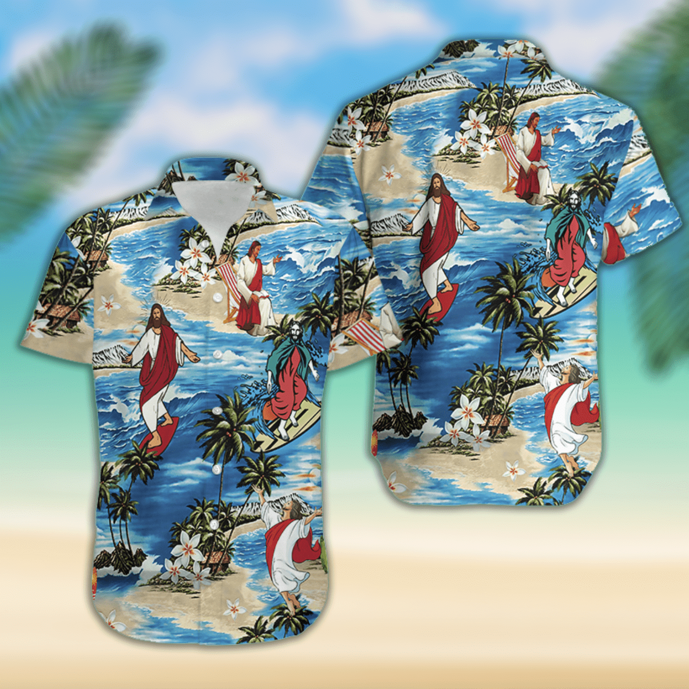 Jesus Surfing Summer Tropical Hawaiian Aloha Shirt For Men Women