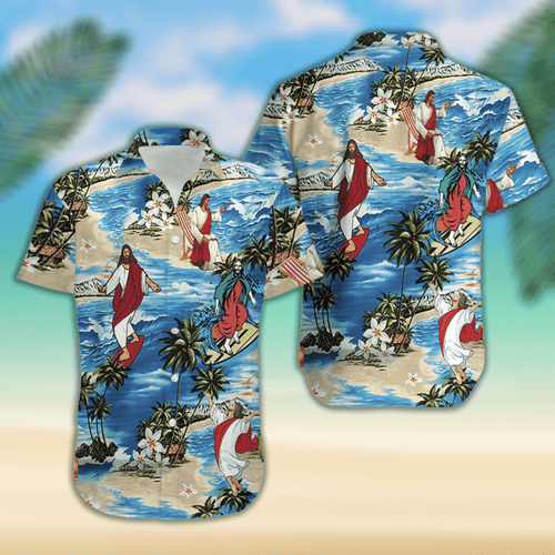 Jesus Surfing Summer Tropical Hawaiian Aloha Shirt For Men Women