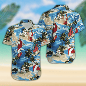 Jesus Surfing Summer Tropical Hawaiian Aloha Shirt For Men Women