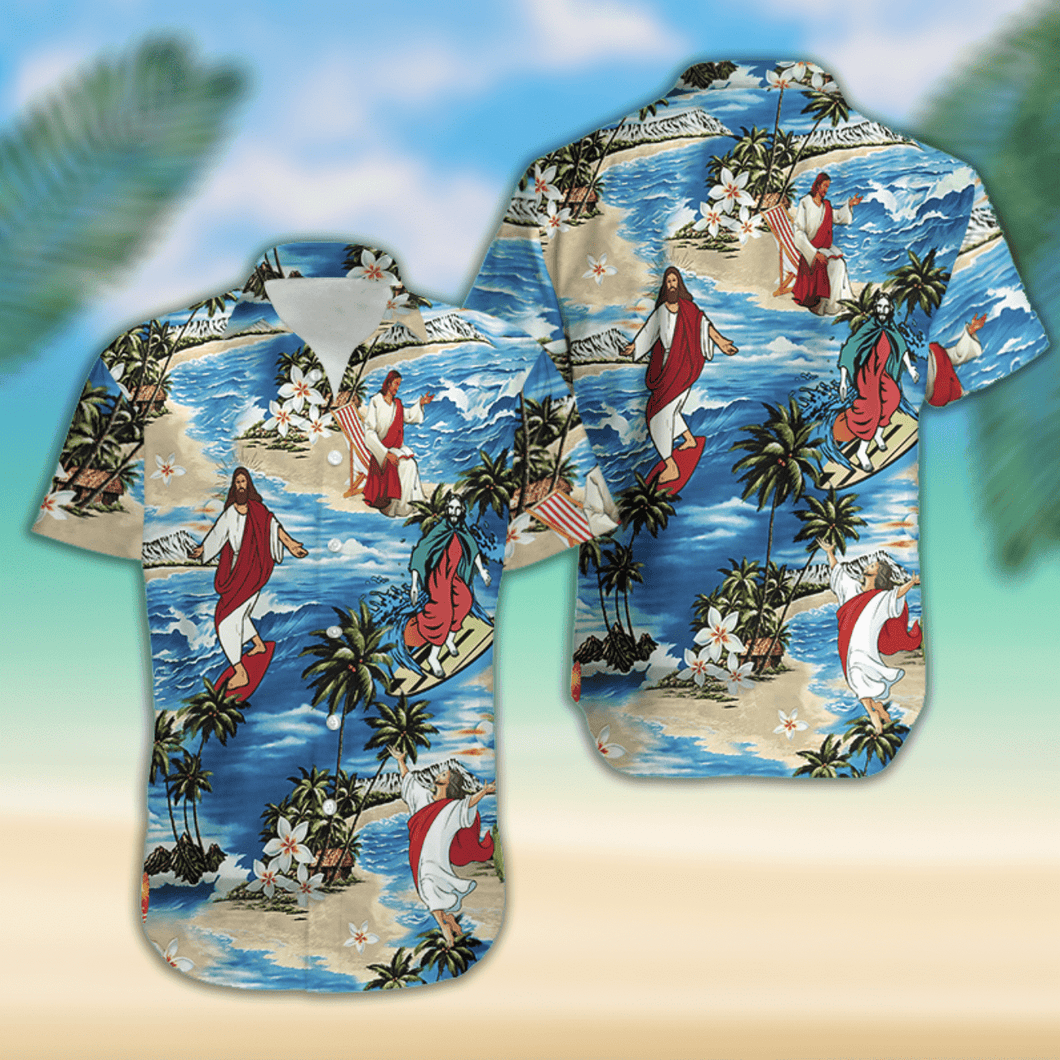 Jesus Surfing Summer Tropical Hawaiian Aloha Shirt For Men Women