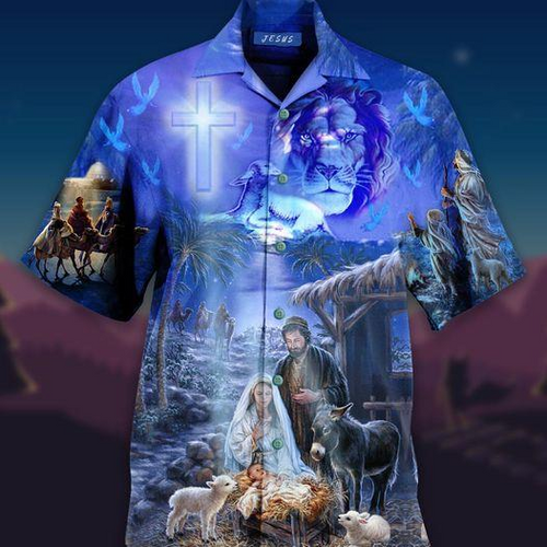 Lion With Jesus Was Born In Farm Blue Hawaiian Shirt For Men Women