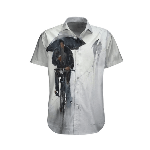 Man With Umbrella Riding Bike Hawaiian Shirt For Men Women