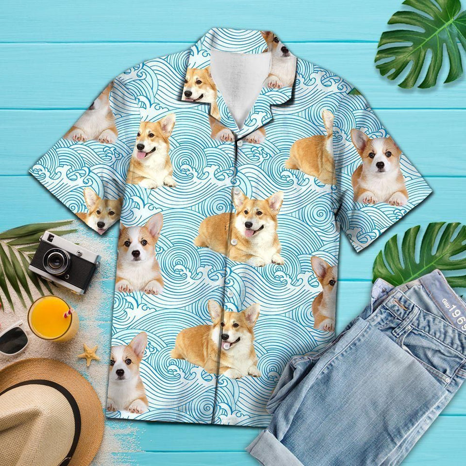 Pembroke Welsh Corgi Waves Blue Unique Design Hawaiian Shirt For Men Women