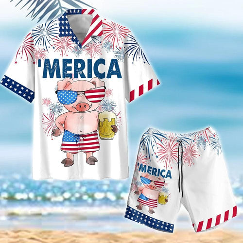 Pig America Flag 4th Of July äóñ Independence Day Hawaiian Shirt Set For Men Women