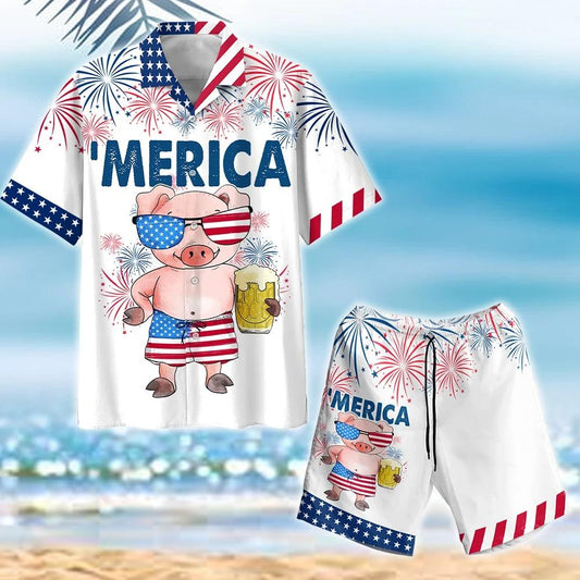 Pig America Flag 4th Of July äóñ Independence Day Hawaiian Shirt Set For Men Women