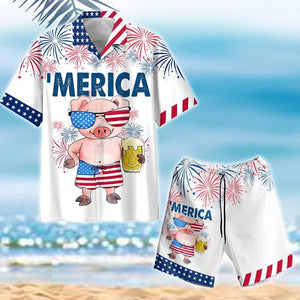 Pig America Flag 4th Of July äóñ Independence Day Hawaiian Shirt Set For Men Women