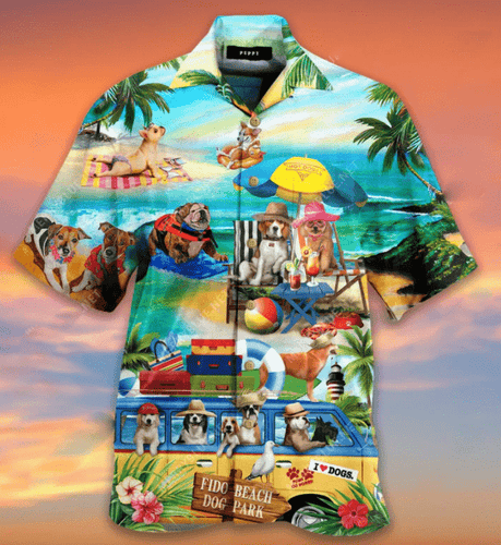 Puppy Dog In Fido Beach Park Hawaiian Shirt For Men Women