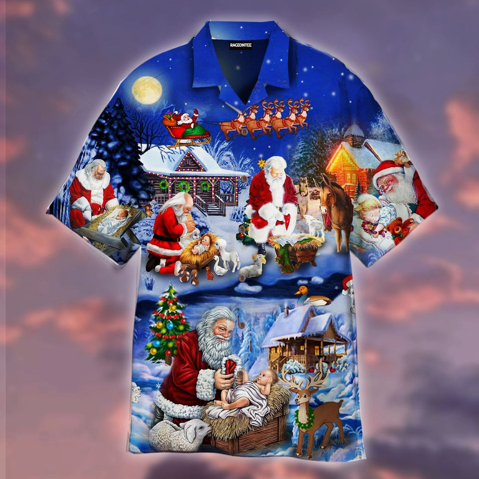 Santa Adoring Baby Jesus Hawaiian Shirt For Men Women