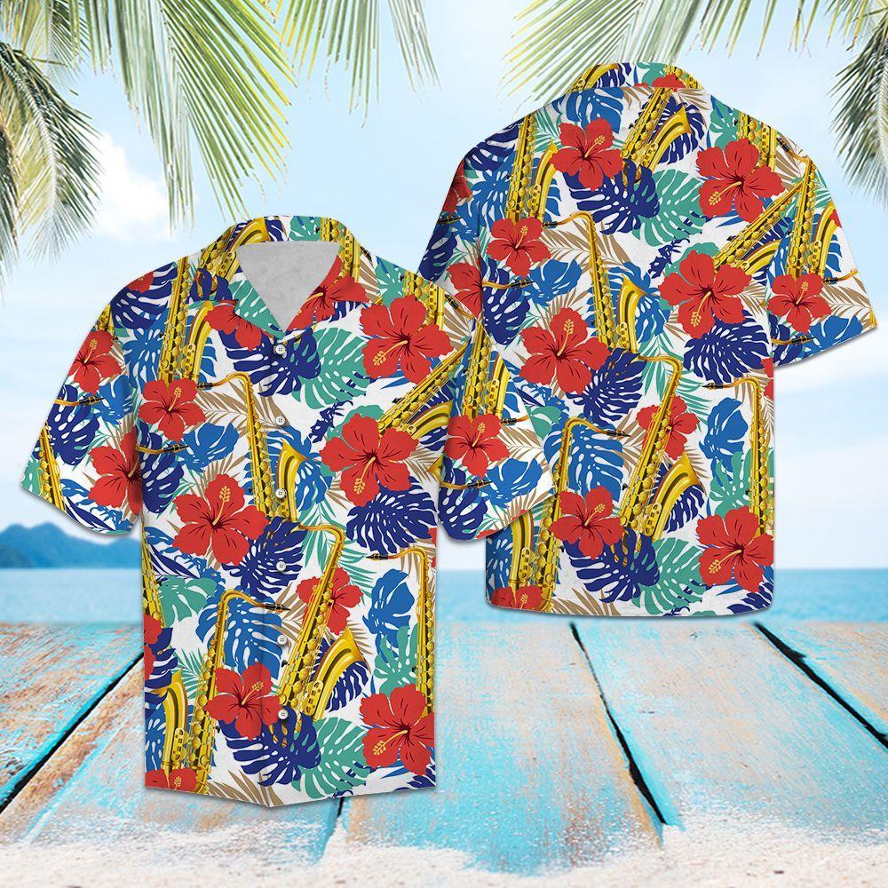 Saxophone Tropical Plants Hawaiian Shirt For Men Women