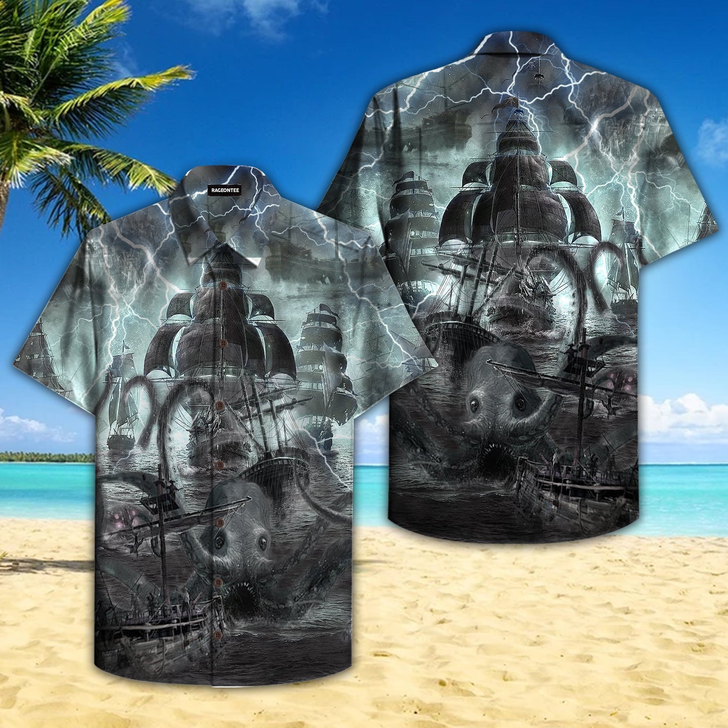 Sea Monster Attached Pirate Ship Hawaiian Shirt For Men Women