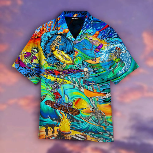Skull Skeleton Surfing On The Beach Hawaiian Shirt