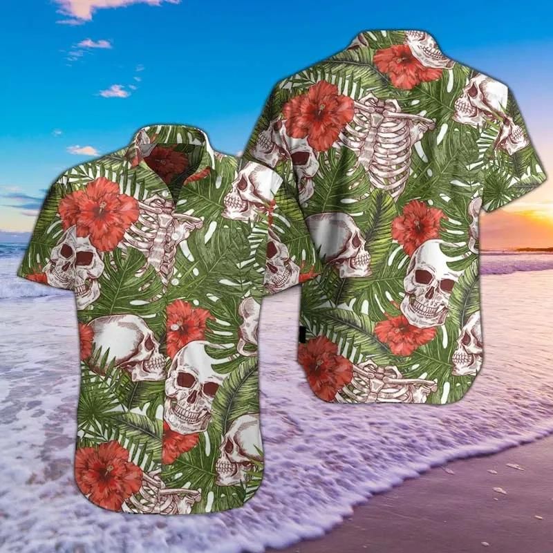 Skull Tropical Pattern Green Amazing Design Hawaiian Shirt Tees