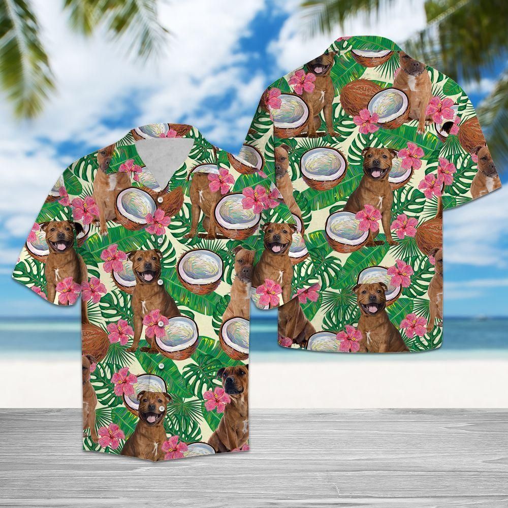 Staffordshire Bull Terrier Tropical Coconut Green Pink Awesome Design Hawaiian Shirt