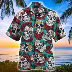 Sugar Skull With Rose Pattern Hawaiian Shirt