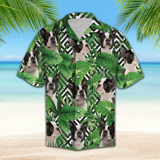 Summer Exotic Jungle Tropical Boston Terrier Green Unique Design Hawaiian Shirt