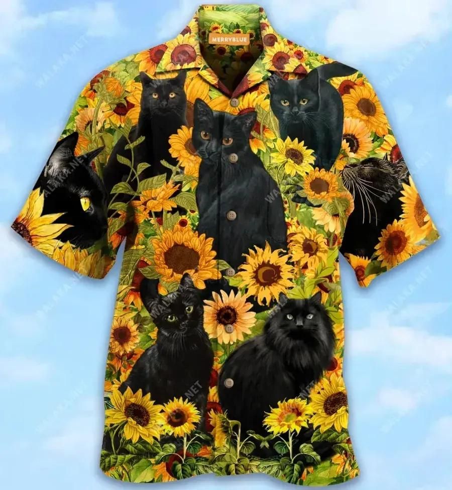 Sunflower Garden Cats Black Yellow Best Design Hawaiian Shirt