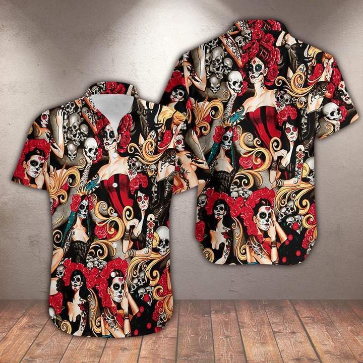 Tattoo Skull Girl Roses Hawaiian Shirt