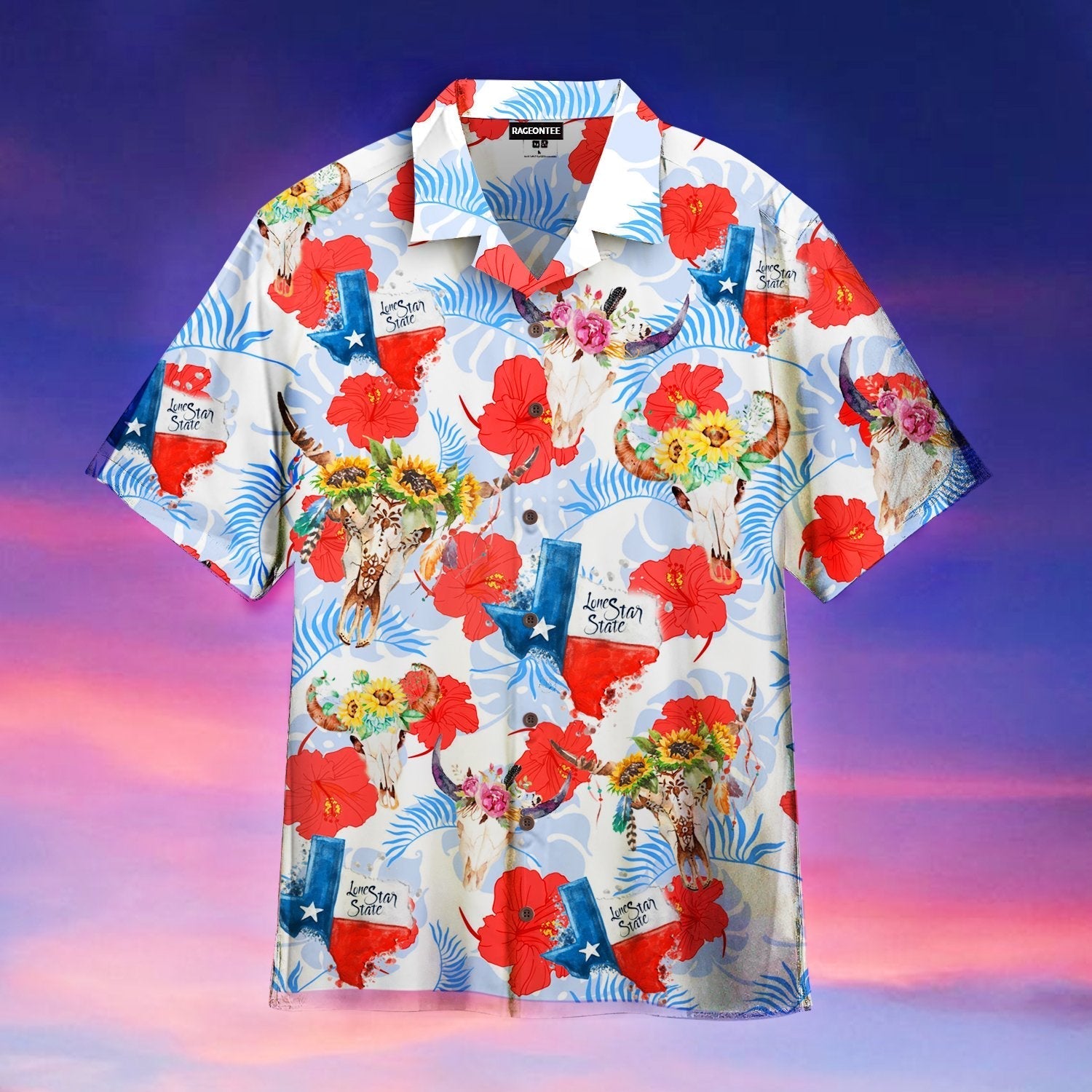 Texas Tropical Flag Cow Skull Hawaiian Shirt