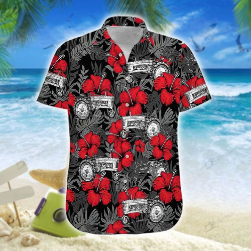 Tractor Red Hibiscus Hawaiian Shirt