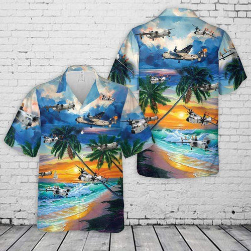 Tropical Beach Us Navy Grumman C-2 Greyhound Aloha Hawaiian Shirt