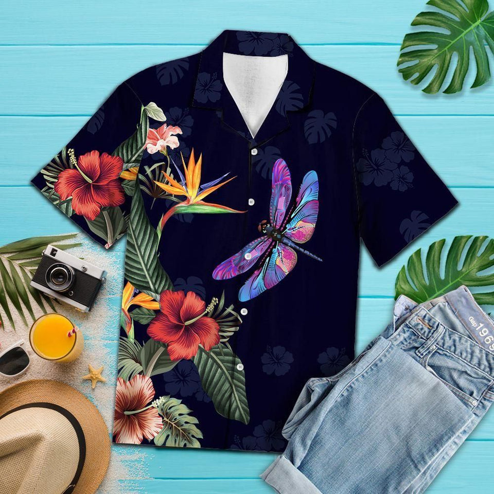 Tropical Flower Dragonfly Black Best Design Hawaiian Shirt