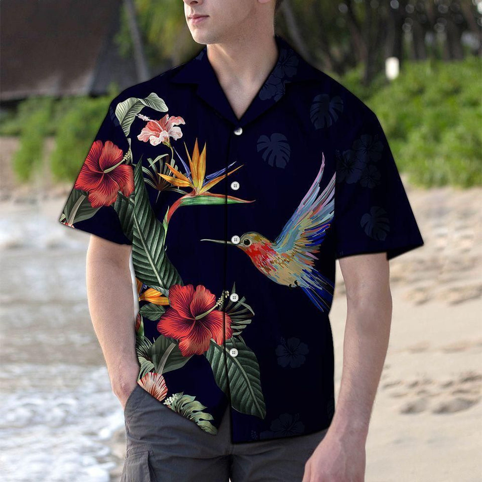 Tropical Flower Hummingbird Black Unique Design Hawaiian Shirt