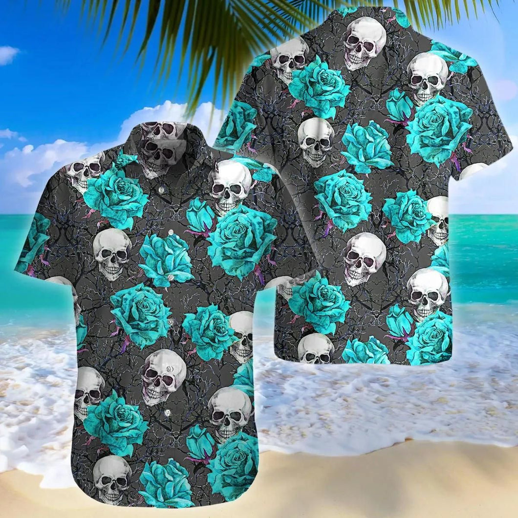 Turquoise Rose Skull Green Unique Design Hawaiian Shirt
