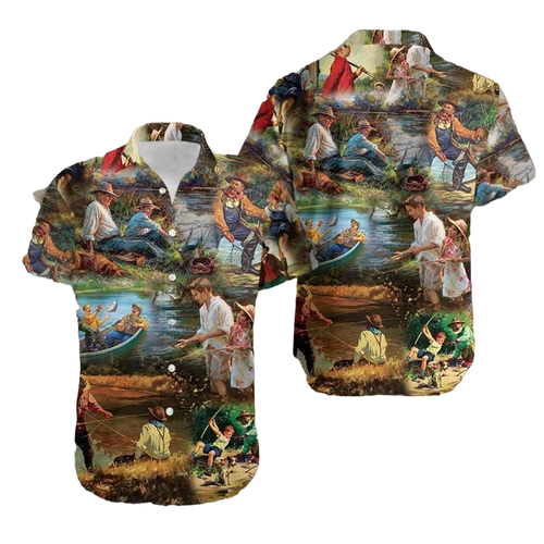 Vintage Fishing Art Hawaiian Aloha Shirt